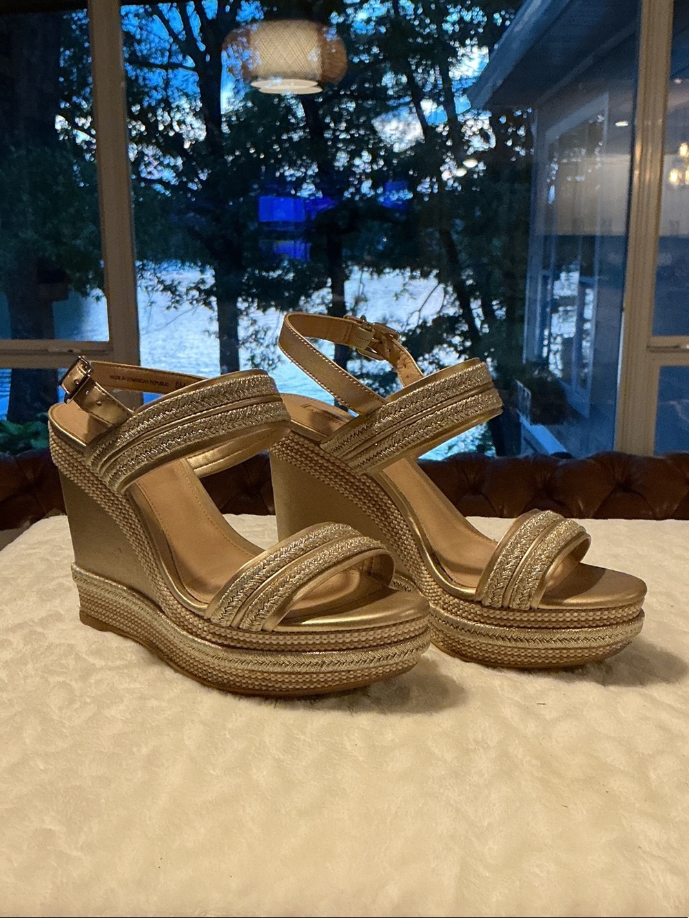 ANTONIO MELANI Gold Espadrille Wedge Sandals with Ankle Strap